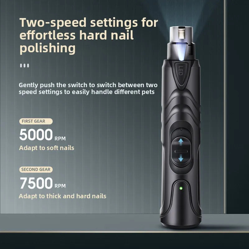 A black rechargeable pet nail grinder with two speed settings is shown on a gray background.