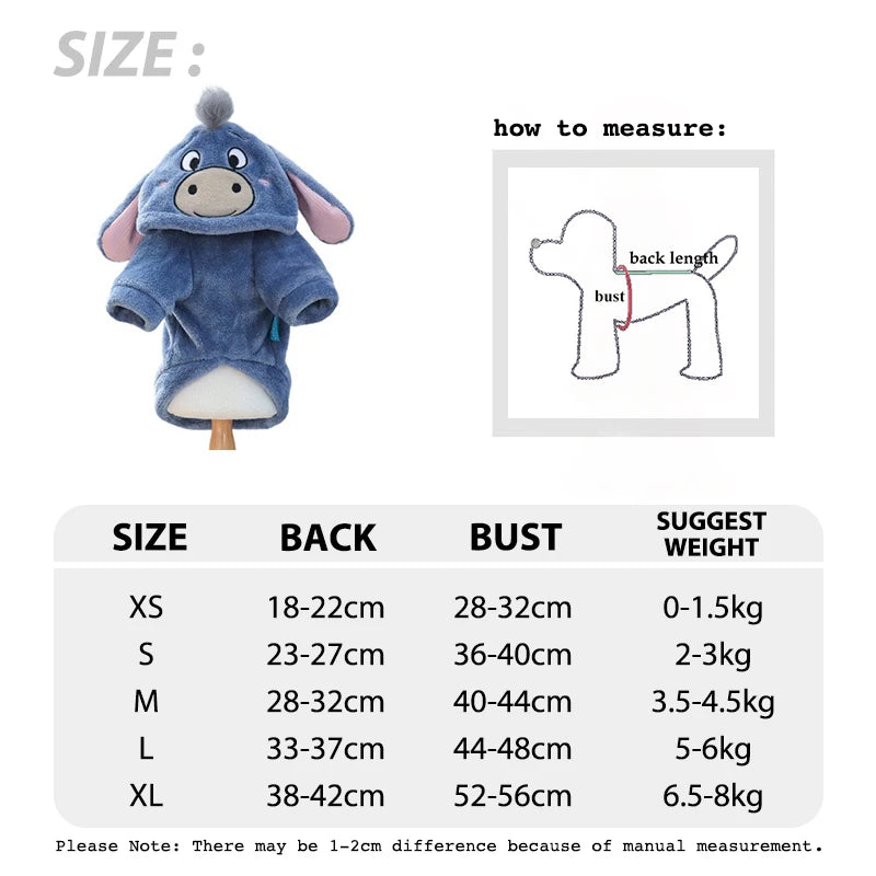 A guide showing the size chart and measurement instructions for a seasonal flannel hoodie for small dogs.