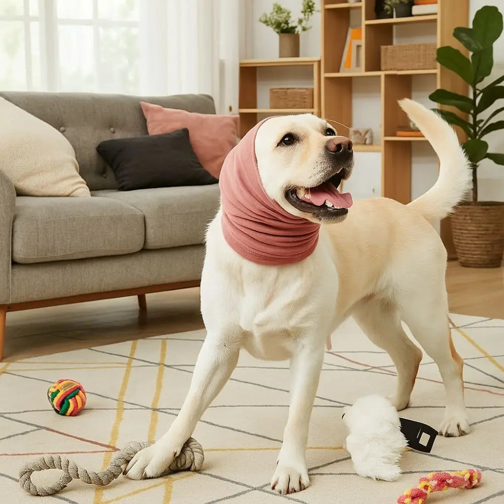 A white dog stands on a rug with a pink fabric earmuff around its neck and a rope toy.