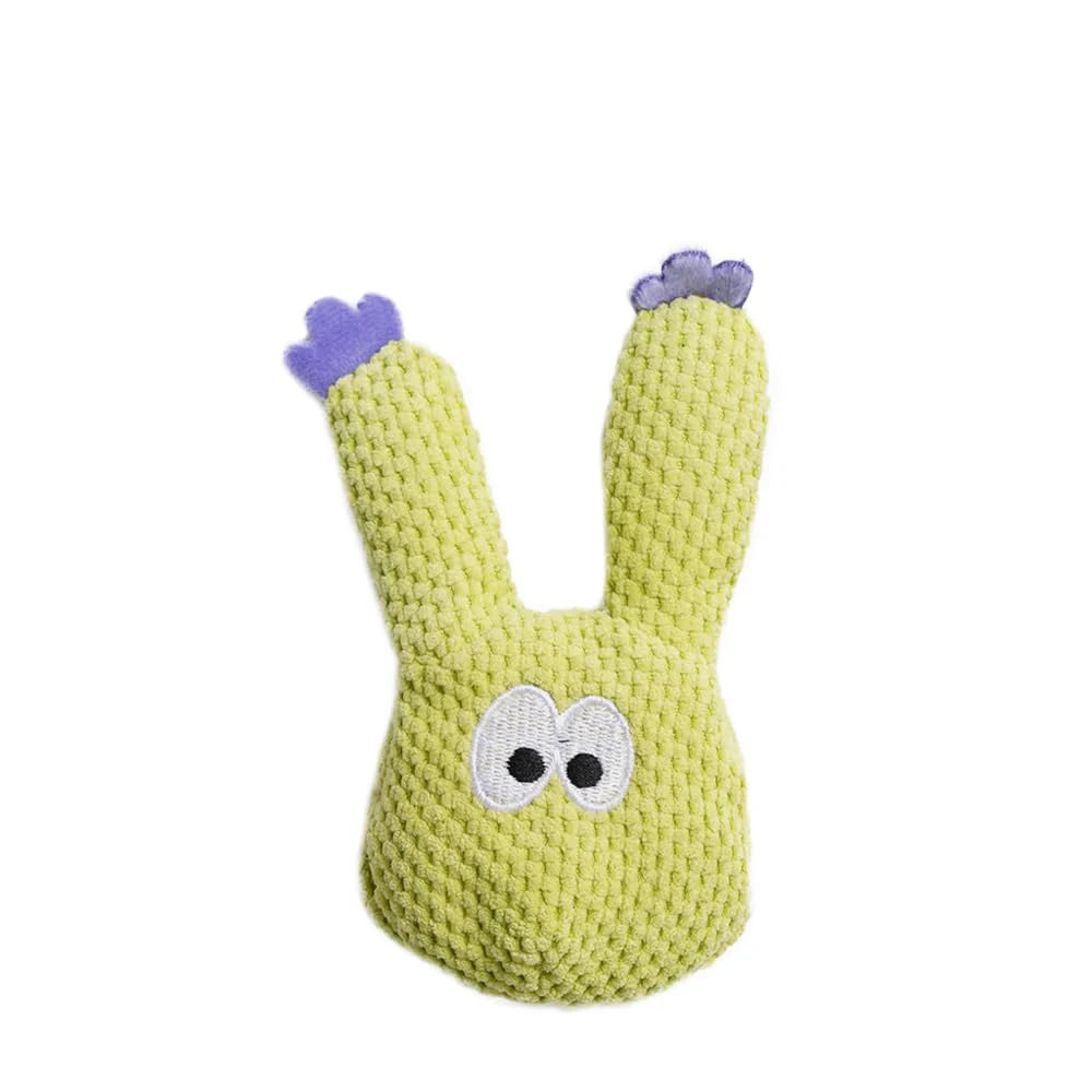 A light green, cactus-shaped cat toy with purple tips and a white face detail.