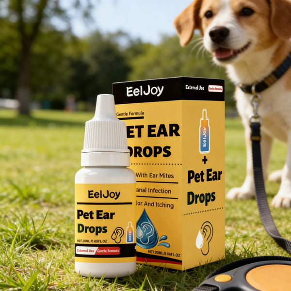 A bottle of EelJoy Pet Ear Drops next to a dog, showing natural ear drops for pets.