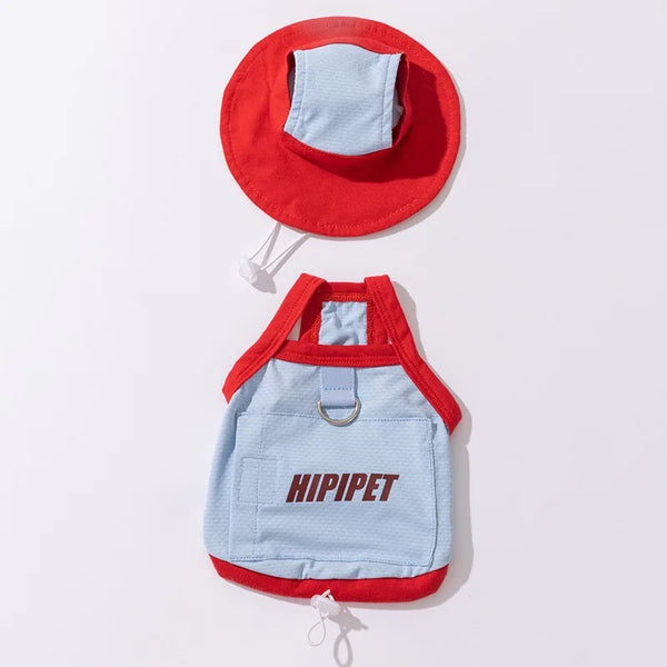 A red sun protection hat and a light blue dog vest with the name HIPIPET