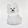 A clear, sculpted figurine of a dog's head and chest, designed as a pet hair memorial keychain.
