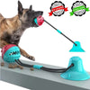 A dog is playing with a pink suction cup chew ball attached to a black string and a blue feeding nozzle.