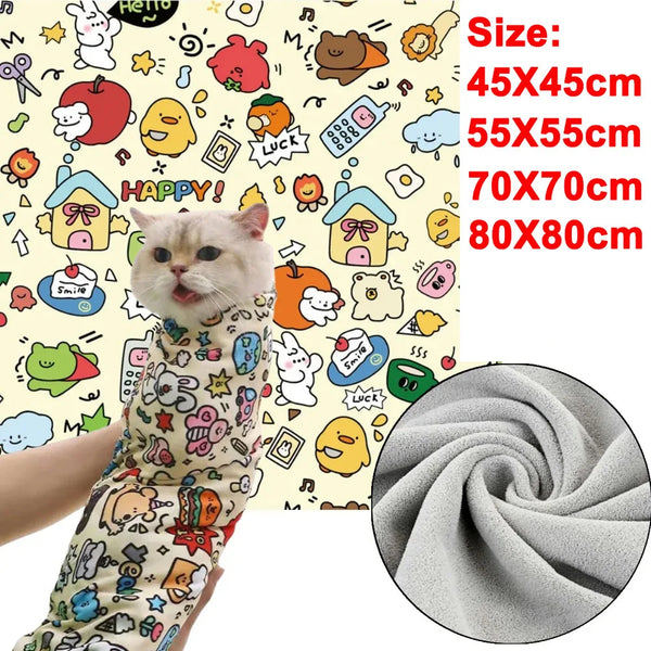 A close-up of a cat wearing a colorful self-adhesive pet swaddle wrap against a background of cute doodles.