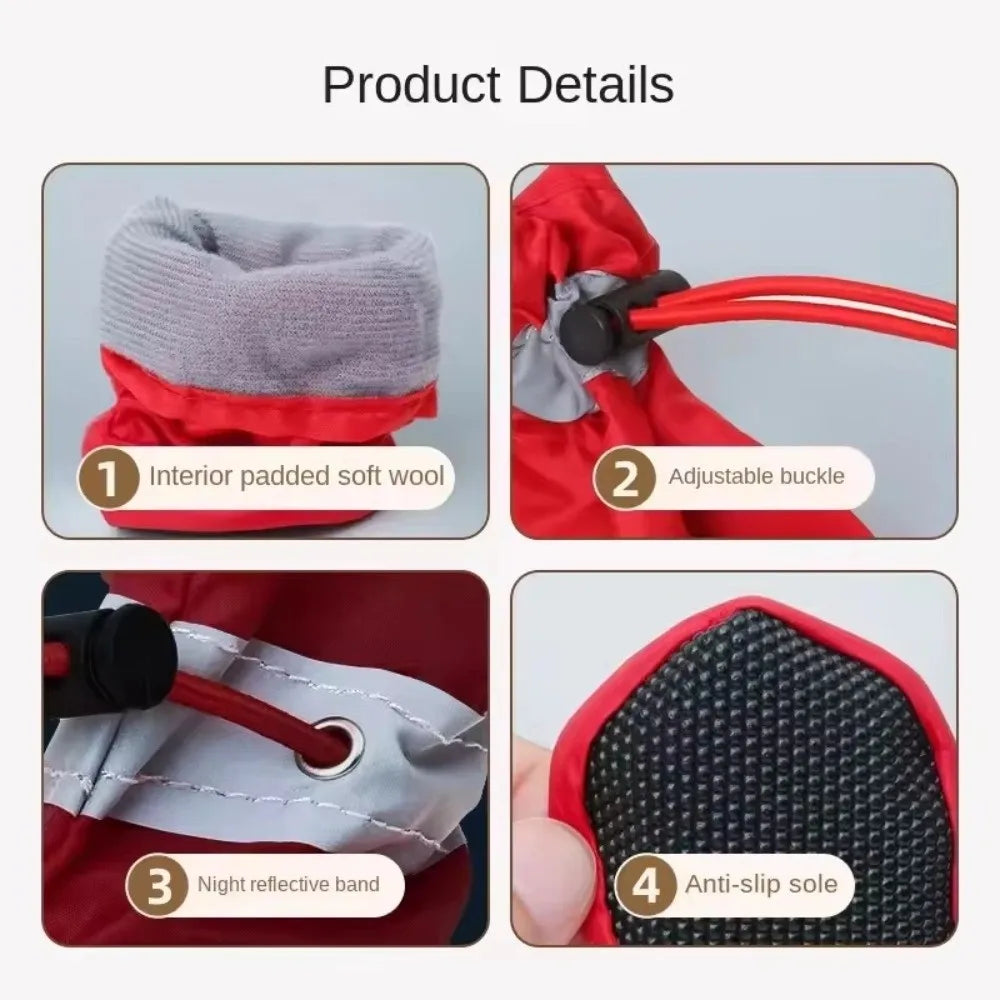 Details of cozy anti-slip dog booties showing the interior padding, adjustable buckle, reflective band, and anti-slip sole.