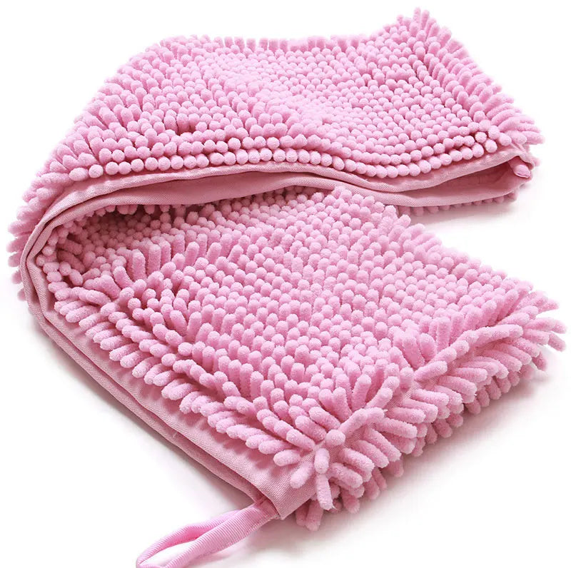 A pink ultra-absorbent chenille pet bath towel for dogs and cats, folded and displayed.