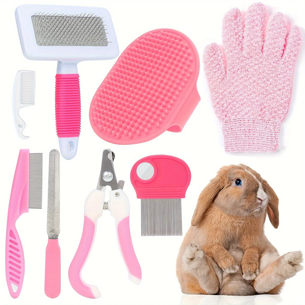 Multitooles-Pflegekit für Haustiere mit rosa Bürste, Silikonpad, Schere und einem kleinen Kaninchen.