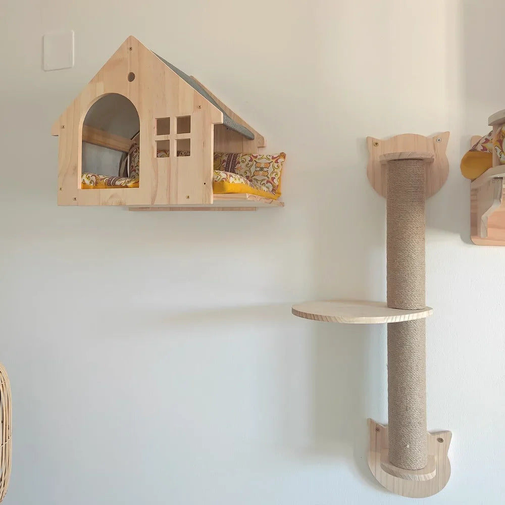 A wooden wall mounted cat climbing shelf featuring an arched entrance and a bridge for cats.