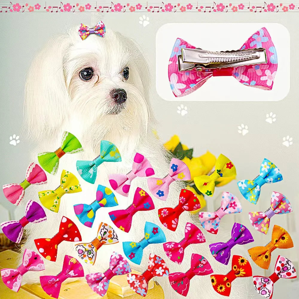 Colección de clips y lazos para mascotas de pelusa coloridos en varios patrones y colores para el aseo de perros y gatos.