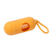 Orange capsule-shaped dog poop bag dispenser with a carabiner clip.