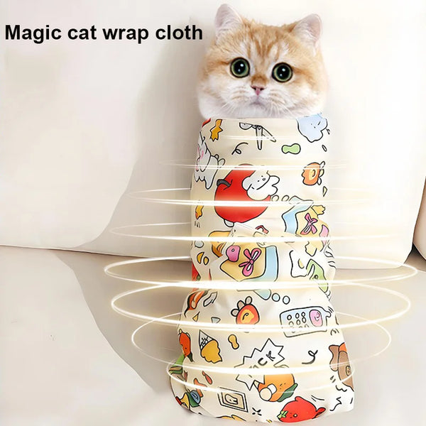 A fluffy orange cat is wrapped in a colorful magic cat wrap cloth for pet use.