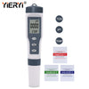 A white digital water quality meter with display screens for TDS, pH, and temperature measurements.