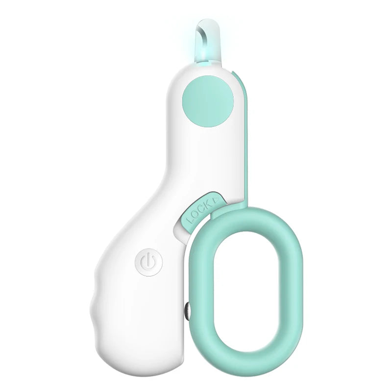 Cortacutículas para mascotas de color blanco con mango verde claro y abertura circular.