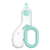 Cortador de uñas LED profesional blanco para perros y gatos con agarre verde claro y luz circular.