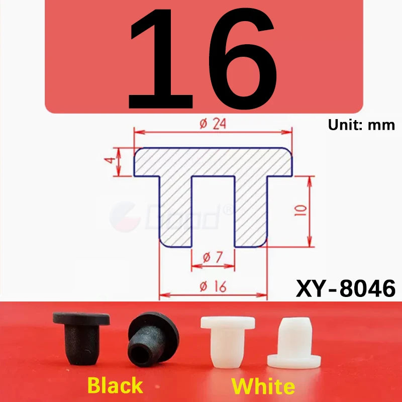 Black and white silicone rubber hole plugs shown next to a dimensioned metal plug part.