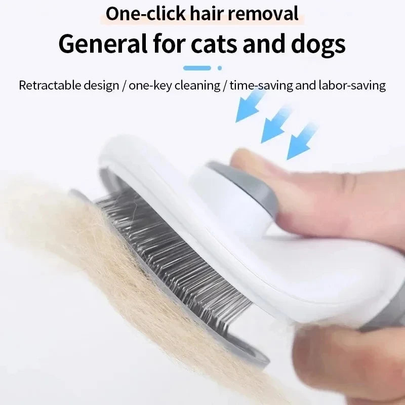 A hand is using a white grooming brush to remove pet hair from a dog's fur.