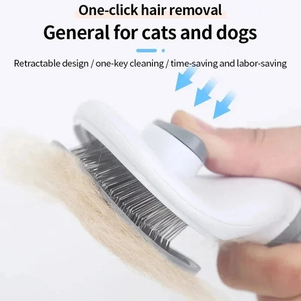 A hand is using a white grooming brush to remove pet hair from a dog's fur.