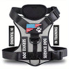 A black and gray harness for a service dog, shown in a studio setting.