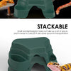 A dark green, stackable reptile hide cave decoration with food bowls shown in various angles.
