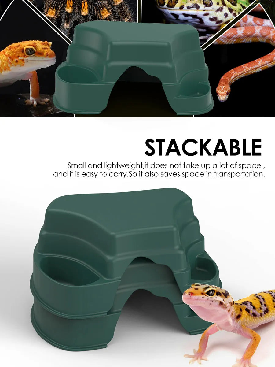 A dark green, stackable reptile hide cave decoration with food bowls shown in various angles.