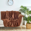 A brown velvet blanket draped over a light-colored sofa next to a potted palm plant.