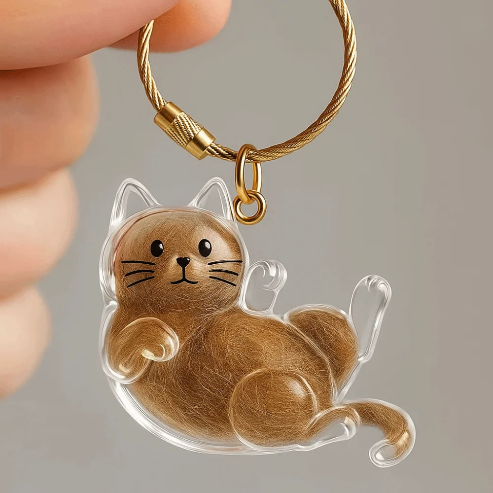 A clear resin charm shaped like a brown cat is attached to a gold-colored chain.