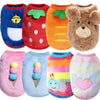 A collection of colorful fleece puffer vests for small dogs and cats in various patterns and colors.