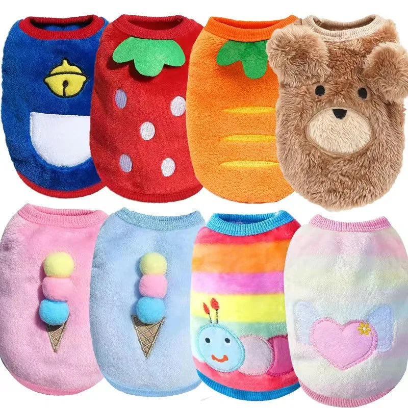 A collection of colorful cozy fleece puffer vests for small dogs and cats.