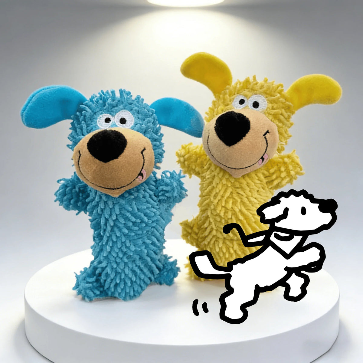 Two plush dog toys, one blue and one yellow, are displayed on a white stand.