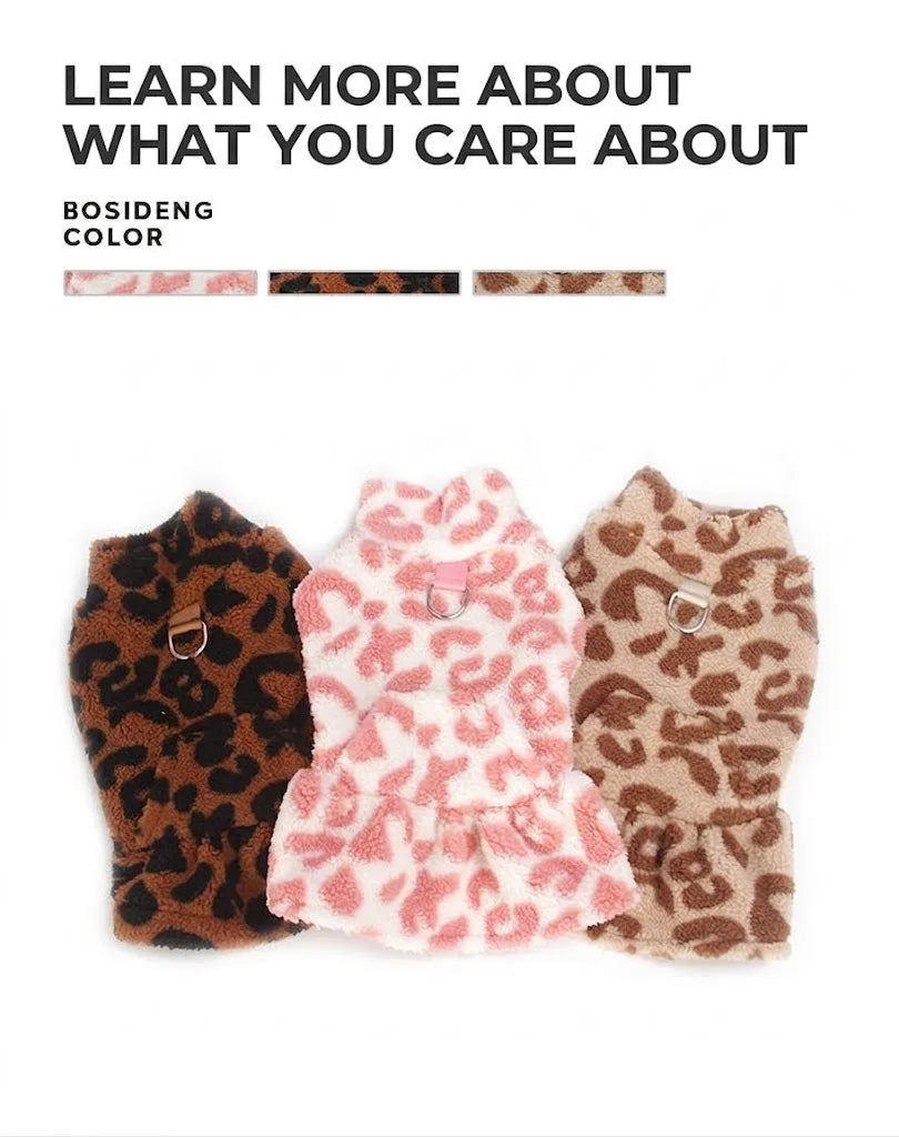 Three leopard print dog princess dresses in brown, pink, and tan colors.