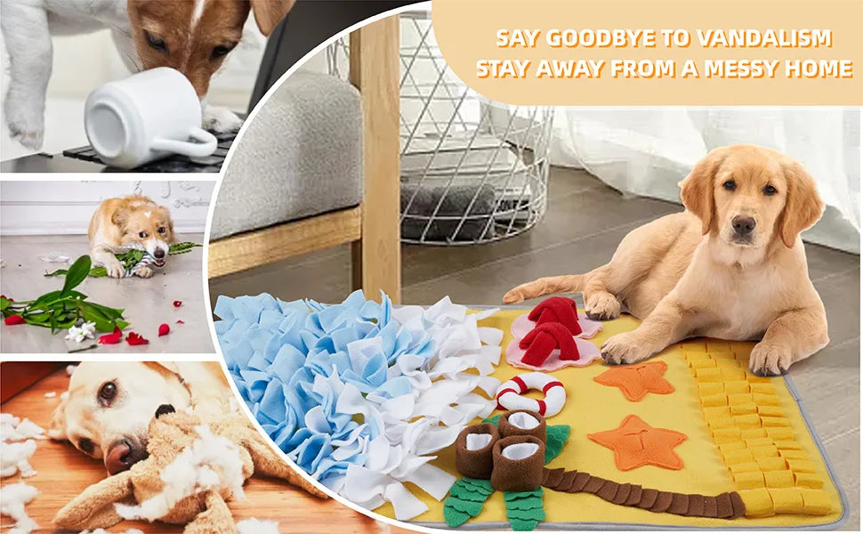 A yellow pet sniffing mat with various fabric toys and feeding items for dog training