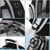 Close-up shots of a transparent pet carrier backpack showing buckles, straps, and texture details.