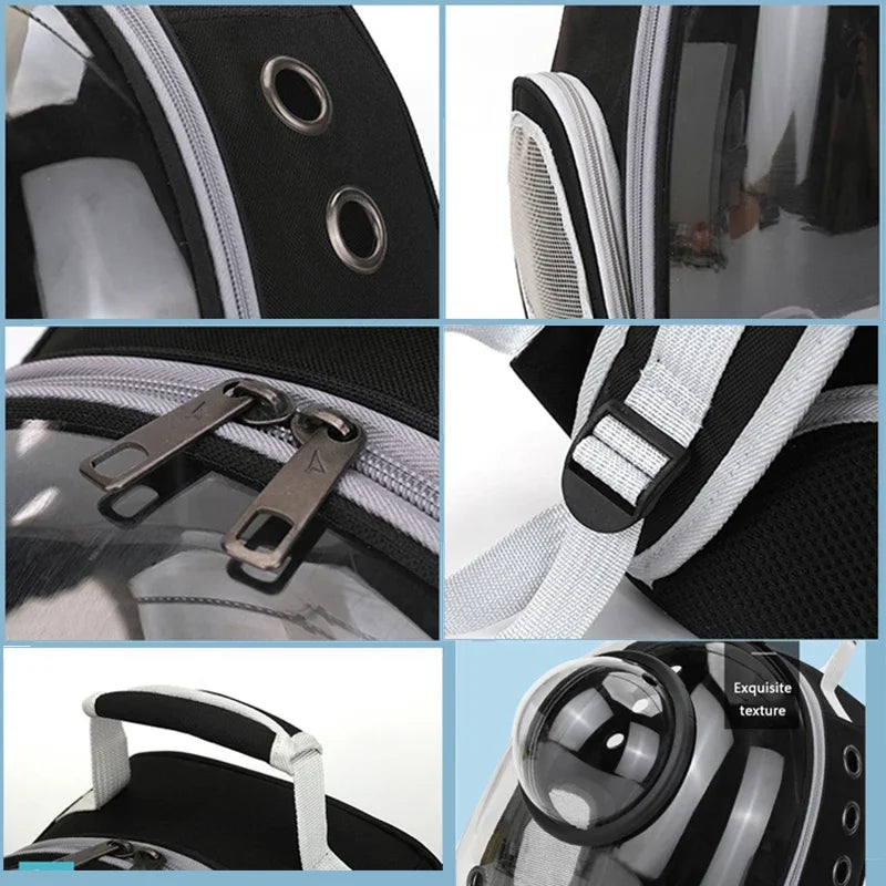 Close-up shots of a transparent pet carrier backpack showing buckles, straps, and texture details.