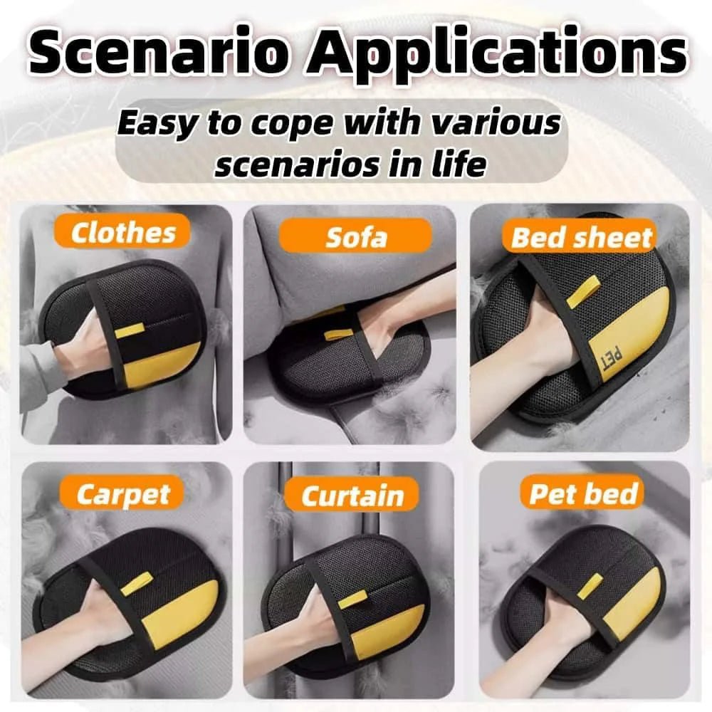 Reusable pet hair removal glove in black and yellow for dogs and cats