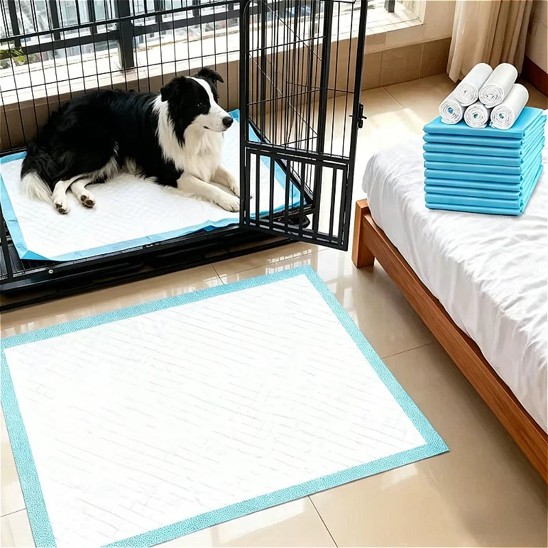Black and white dog resting on a blue training pad inside a black pet cage.
