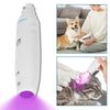 A white electric pet nail grinder emitting a purple light, shown next to dogs and cats.