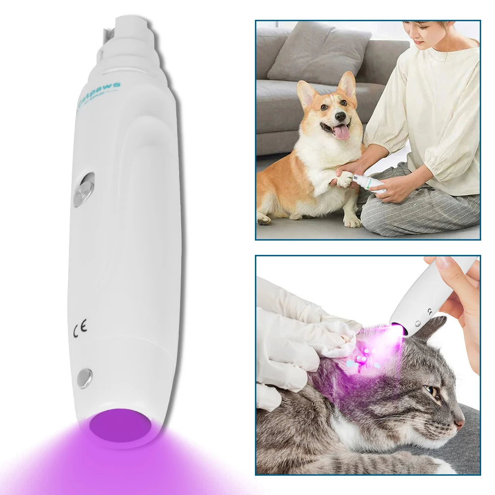 A white electric pet nail grinder emitting a purple light, shown next to dogs and cats.