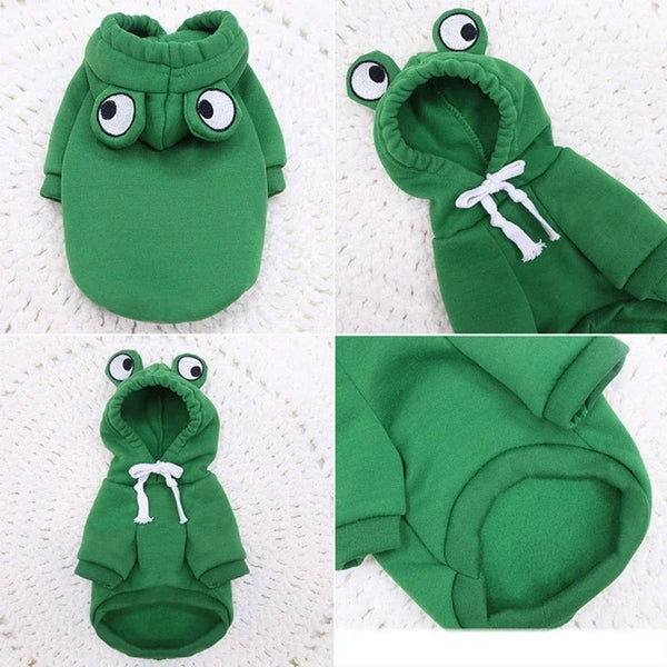 A green hoodie featuring a cute fruit print dog design, shown in various views.