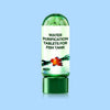 A clear green bottle of water purification tablets for fish tank is shown against a light blue background.