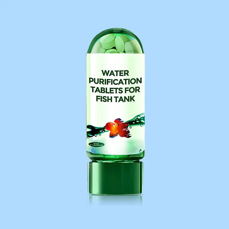 A clear green bottle of water purification tablets for fish tank is shown against a light blue background.