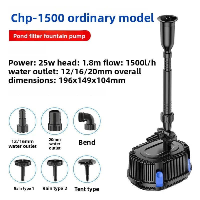 Pompe filtre bassin noire Chp-1500 avec divers types de sortie, y compris pluie et tente