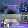 Schlafzimmer-Setup mit Bett und lila-blauer LED-Beleuchtung sowie Smart-Geräte-Interface.