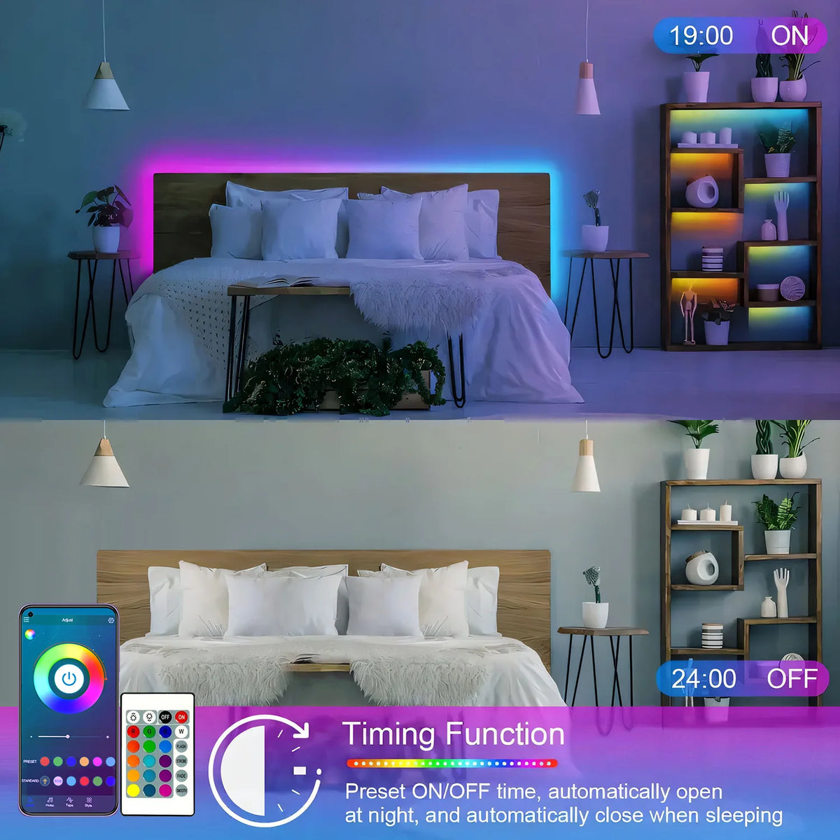Schlafzimmer-Setup mit Bett und lila-blauer LED-Beleuchtung sowie Smart-Geräte-Interface.