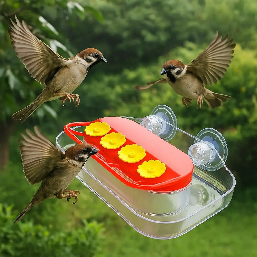 A hummingbird feeder with a transparent reservoir and suction cups, featuring a small bird in flight.