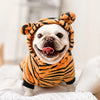 A bulldog wearing an orange and black striped fleece jumpsuit with a hood, lying on white bedding.