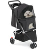 A black 3-wheel foldable pet stroller with a mesh window for a dog is shown.