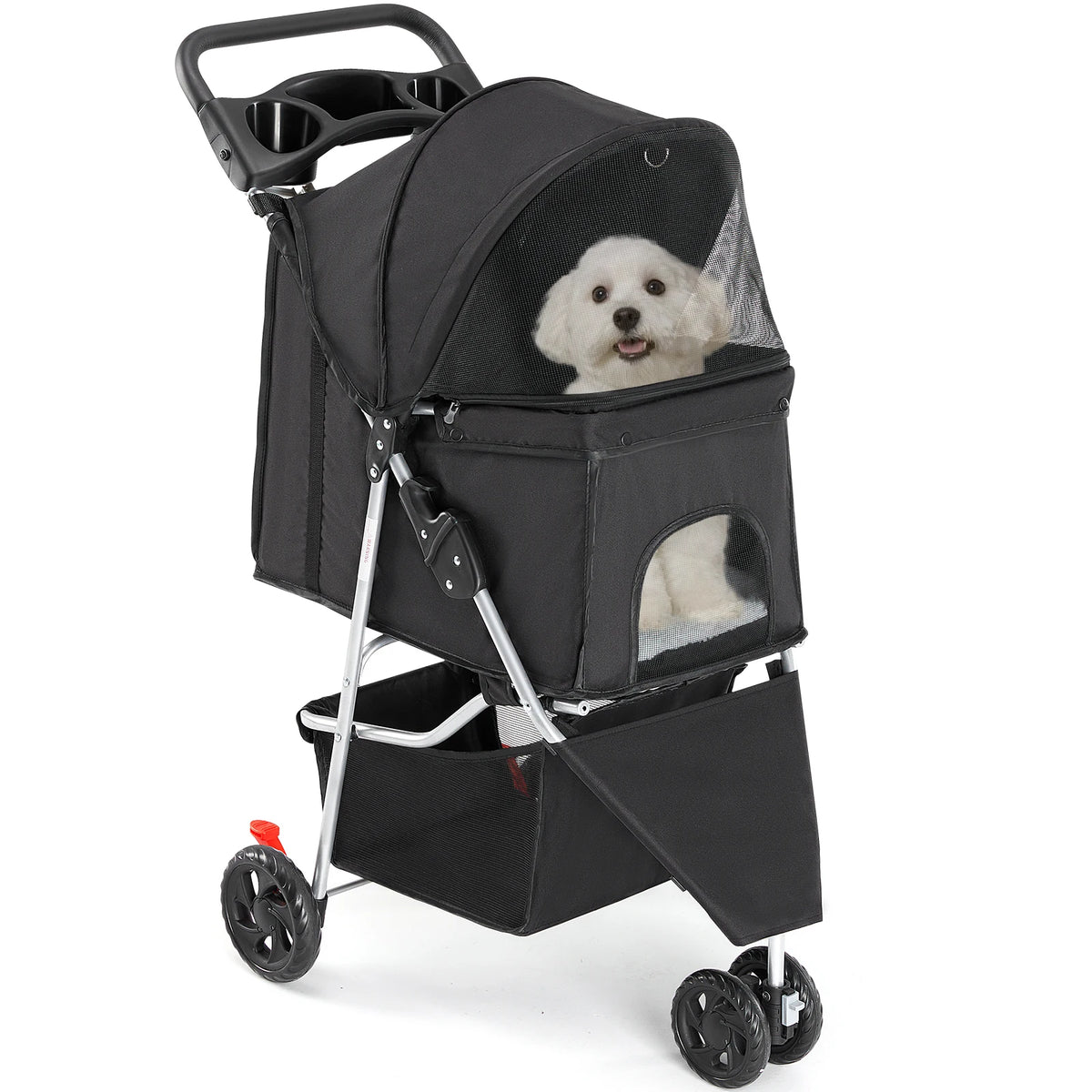 A black 3-wheel foldable pet stroller with a mesh window for a dog is shown.