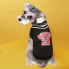 A gray and white dog wearing a black sweater with red lettering that reads SPORT 23.