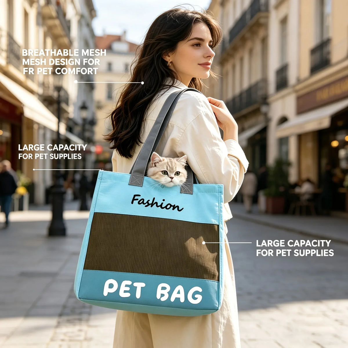 A woman is holding a light blue pet bag with a brown strap and a dark green accent, featuring text labels for pet supplies.